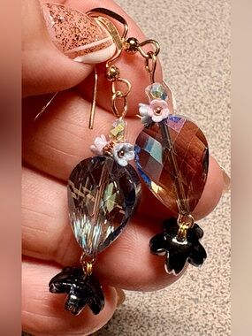 Hand Crafted Gold Iridescent Teardrop Earrings with Pink Floral Accents
